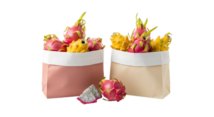 Fresh dragon fruit and yellow pitaya fruit in reusable fabric storage bags isolated on white background, perfect for healthy eating and kitchen decor