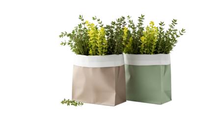Two small plants in stylish paper bags with green and beige tones on black background, ideal for home decor and indoor gardening