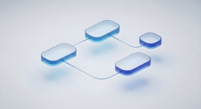 Minimalist 3D render of interconnected blue translucent blocks, visualizing a sophisticated planning and workflow system for enhanced organizational efficiency