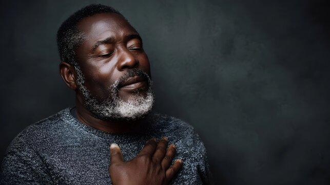 Close up portrait of a senior African American man with eyes closed and hand on his chest embodying peace and thoughtful reflection