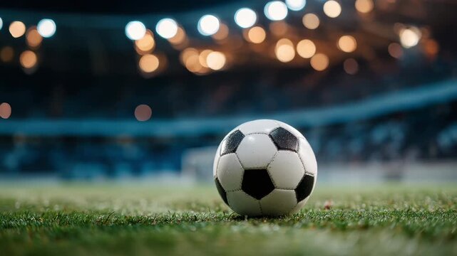 A close-up of a black and white soccer ball on green grass. The background features blurred stadium lights, creating a vibrant sports atmosphere.