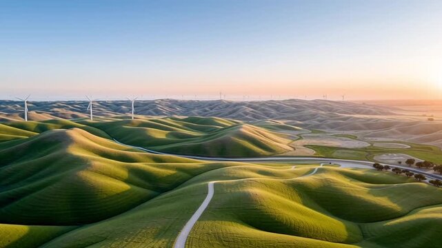Rolling green hill landscape with winding road and windmill turbines on horizon under clear sky at sunset creating peaceful natural energy scene with sustainable turbine power