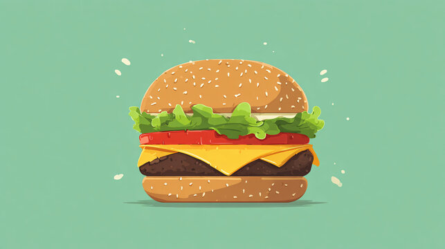 vector illustration of a burger with lettuce, cheese, tomato, and sesame bun - Powered by Adobe