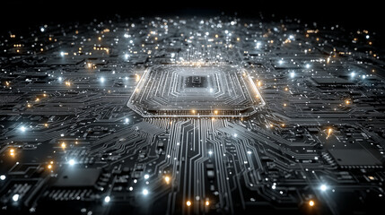 Quantum Circuit Blueprint a detailed abstract blueprint of quantum circuits in glowing blue tones, overlapping transparent layers, precise geometry, microchip style lines and nodes, modern tech concep