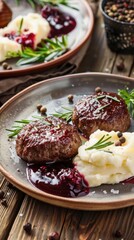 Savory wild venison patties with creamy mashed potatoes and lingonberry sauce on a rustic table