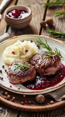 Enjoy wild venison, creamy potatoes, and lingonberry sauce on a rustic plate