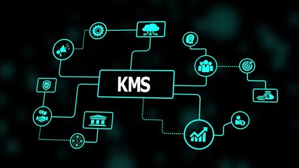 A futuristic knowledge management system interface displaying interconnected business icons in a glowing network layout for digital workflow visualization. - Powered by Adobe