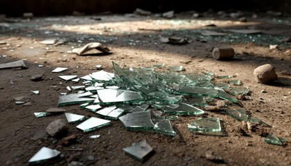 Broken glass shards scattered on a dusty, abandoned floor, symbolizing destruction, abandonment, and urban decay with light streaming across the debris