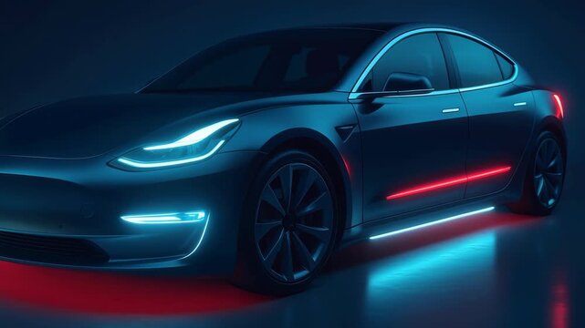 Sleek electric car in a dimly lit studio, captured from a low angle. Neon blue lights highlight its curves, evoking a futuristic video game aesthetic. Live desktop wallpaper.