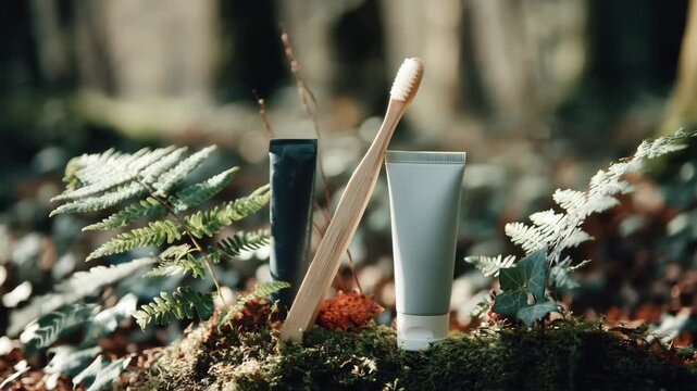A bamboo toothbrush and two tubes of toothpaste are placed on mossy ground surrounded by ferns in a forest setting. The scene emphasizes eco-friendly dental care.