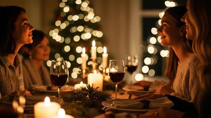 Women pray, laugh, and celebrate together at a Christmas dinner table with festive lights, candles, and wine glasses, holiday footage.