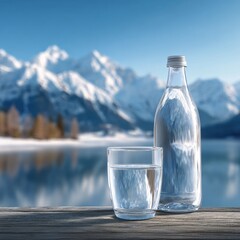 Clear water bottle and glass with snowy mountains and lake background