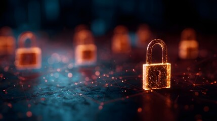 Conceptual image of glowing digital padlock icons forming a secure network connection on a dark abstract background with bokeh lights