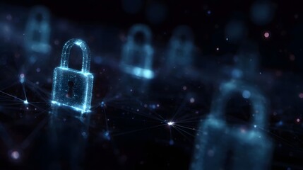 Digital padlocks connected by a glowing network representing online security and data protection