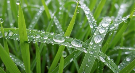 Naklejka premium Close up of wet green grass blades with water droplets after rain