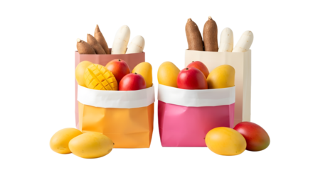 Colorful paper bags filled with fresh tropical fruits including mangoes and breadsticks isolated on white, perfect for grocery shopping visuals