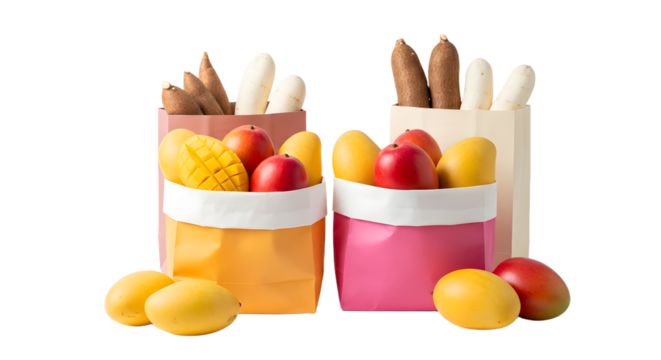 Colorful paper bags filled with fresh tropical fruits including mangoes and breadsticks isolated on white, perfect for grocery shopping visuals