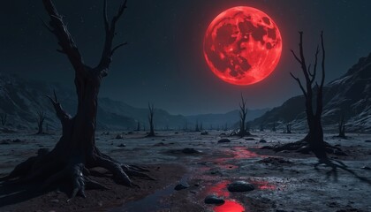 Fototapeta premium Barren landscape under red moon sky. Dead trees stand in dry cracked ground. Red light reflects on wet ground. Distant mountains under dark night.