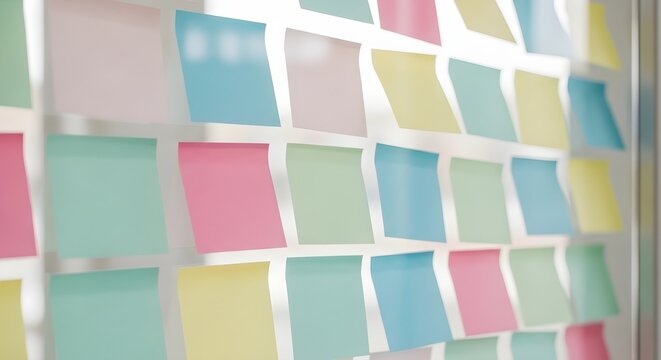 Vibrant sticky notes arranged on a transparent wall, symbolizing collaborative brainstorming, creative workflow, and strategic planning for business and projects