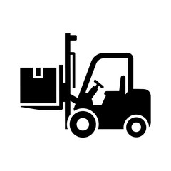 Minimalist Black Forklift Icon with Box on White Background