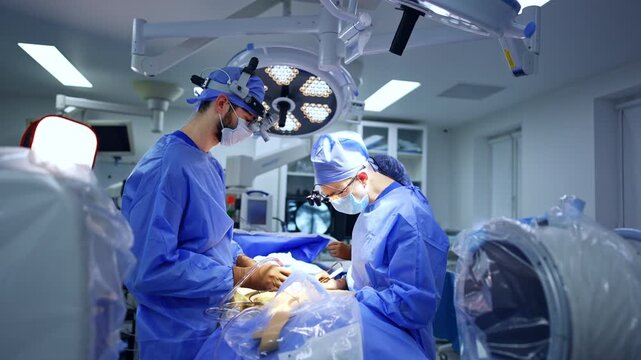 Two male Caucasian surgeons wearing surgical loupes cooperate at neurosurgery. Neurosurgeons perform operation using modern tool devices.