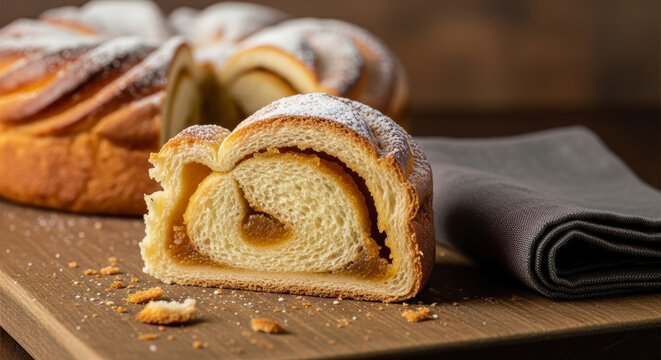 Closeup of a freshly baked Semita, a traditional Salvadoran sweet bread slice, revealing its delightful fruit filling and powdered sugar.