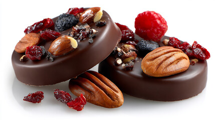 Decadent chocolate cookies topped with a vibrant mix of nuts and dried berries offer a delightful sweet treat.