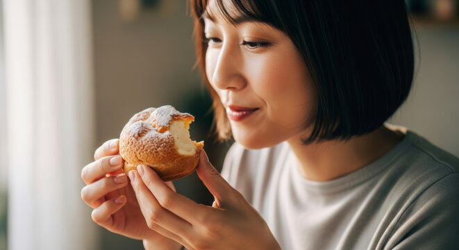 Happy Japanese woman savoring a sweet cream puff, her expression showing pure delight while enjoying a delicious dessert.