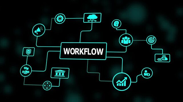 A digital workflow concept presented with luminous interconnected icons arranged in a systematic network to illustrate coordinated tasks and automated operational routines.
