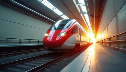 Modern red and white high-speed train speeds through sunlit urban tunnel towards bright horizon. Locomotive travels on railway tracks past platform, conveying passengers. Fast transit concept.