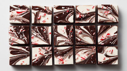 Festive holiday peppermint bark squares arranged in a grid on a clean white background.