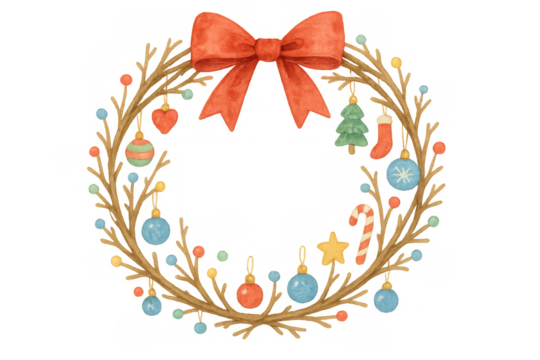 Watercolor christmas wreath with red bow and festive ornaments, winter holiday decoration on transparent background - Powered by Adobe