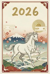 迎春 2026年 紅白の馬と日の出の和風年賀状素材