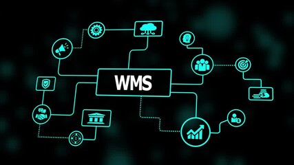 A warehouse management system concept formed with illuminated interconnected icons to represent inventory control, logistics coordination, and operational flow. - Powered by Adobe
