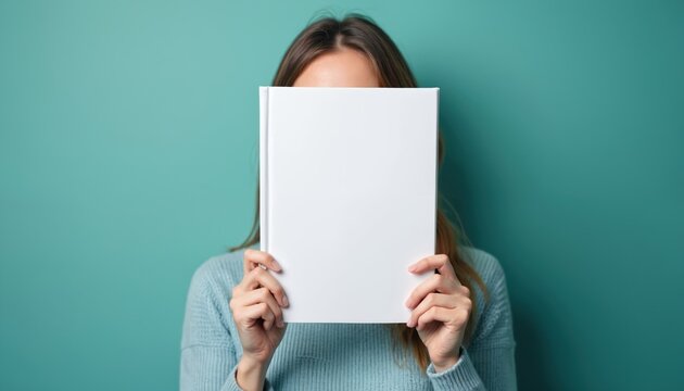 Woman holds white blank book cover obscuring face. Empty book template allows for custom text or design on teal background. Concept for privacy anonymity or creative presentation.