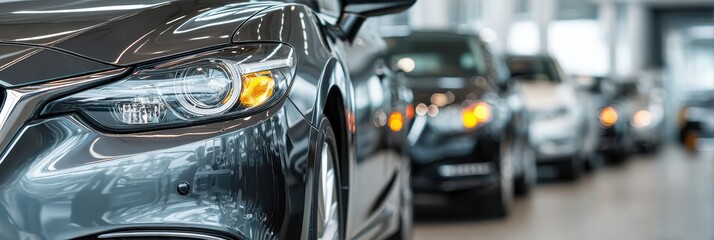 Row of new cars in a dealership showroom, closeup on headlight