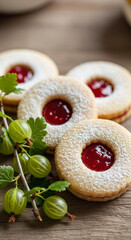 Fototapeta premium Traditional homemade Linzer cookies with sweet gooseberry jam and powdered sugar, accompanied by a fresh gooseberry branch on a rustic wooden surface.