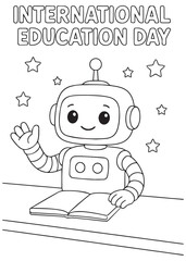 coloring book Cute robot with book celebrating International Education Day, technology and education theme