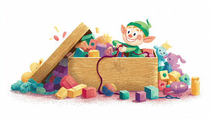 Obraz premium Charming illustration of a happy elf sorting through a toy box filled with colorful blocks, yarn, and stuffed animals. Festive, joyful, and whimsical great for holiday projects.