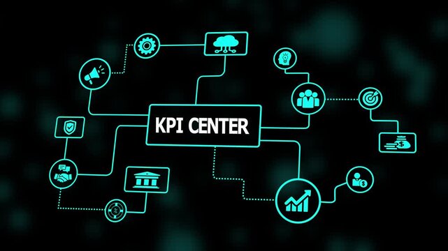 Futuristic HUD interface featuring KPI acronym in the center, representing key performance indicators with glowing circles and lines on dark background