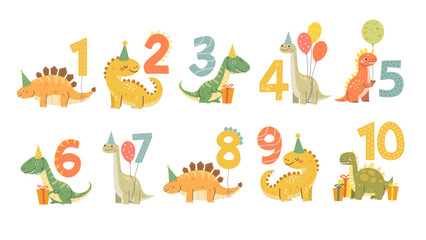 Set of numbers for Birthday with dinosaurs. Cute drawn dinosaurs for kids parties for designing invitations, banners and cards
