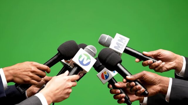 Press Conference Frenzy Microphones Await News on Green Screen Backdrop.