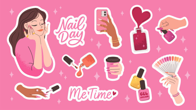 Nail Day Stickers. Labels for beauty routines, nail care and gel polish application. Vector printable stickers