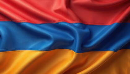 Fototapeta premium Armenia national flag fabric waves in wind. Red blue orange tricolor banner signifies country symbol, emblem, and patriotism. Patriotic symbol of Armenian nation and state.