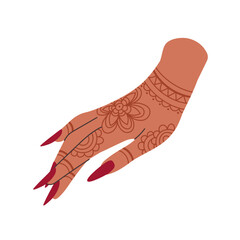 Indian girl's hand with traditional patterns, henna mehendi on hand. Vector flat element