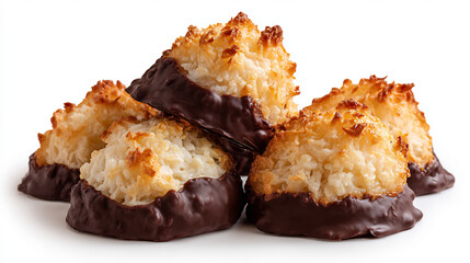 Delicious chocolate dipped coconut macaroons piled together against a white background
