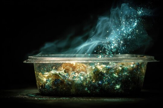 Conceptual image showing plastic pollution leaking into open food container, microplastic particles visually highlighted