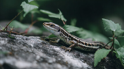 Obraz premium Lizard on a Rock Amidst Greenery