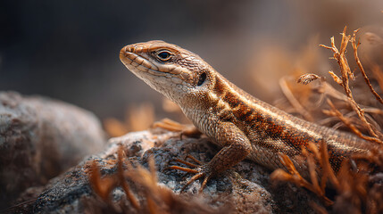 Naklejka premium Close-up of a Lizard Resting on a Rock in Natural Habitat