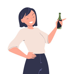 Woman with Alcohol Drink and Beverage in Bottle Vector Illustration